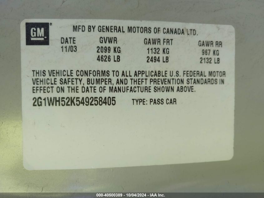 2G1WH52K549258405 2004 Chevrolet Impala Ls