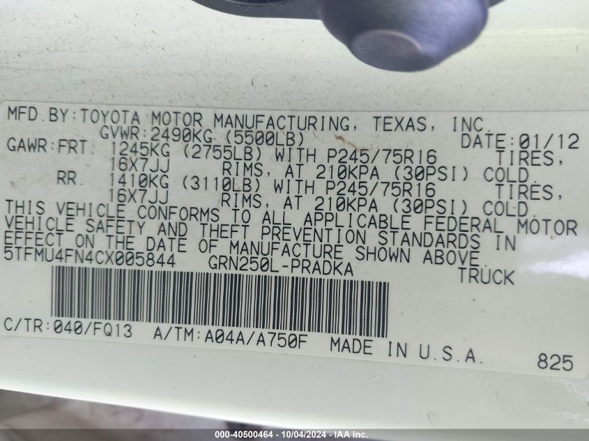 5TFMU4FN4CX005844 2012 Toyota Tacoma Base V6