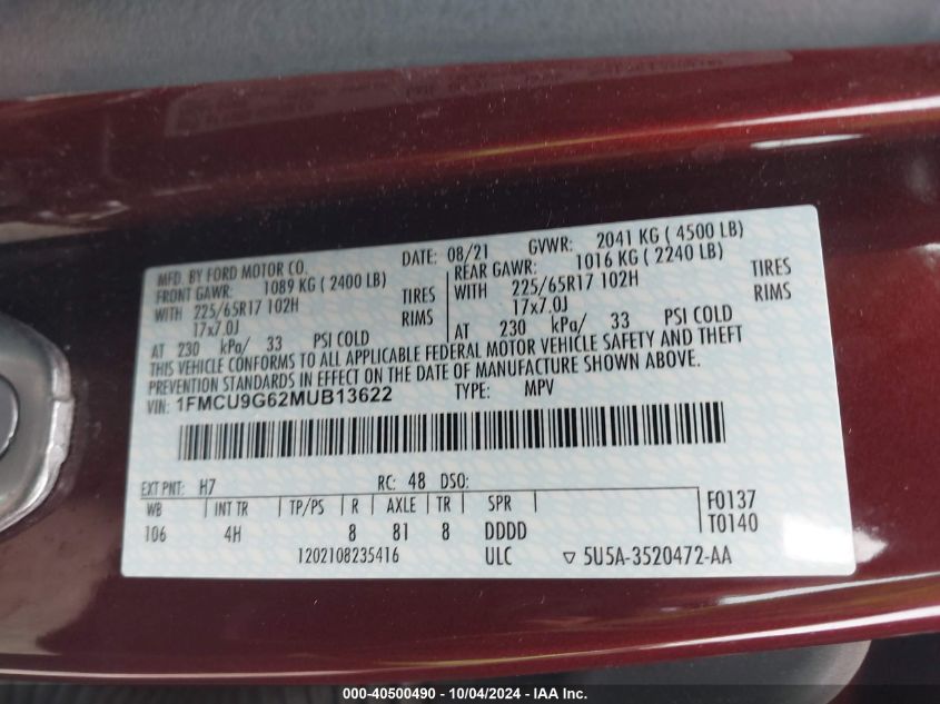 1FMCU9G62MUB13622 2021 Ford Escape Se