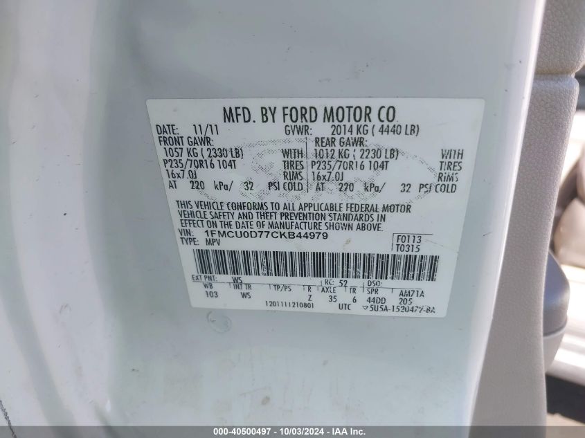 1FMCU0D77CKB44979 2012 Ford Escape Xlt