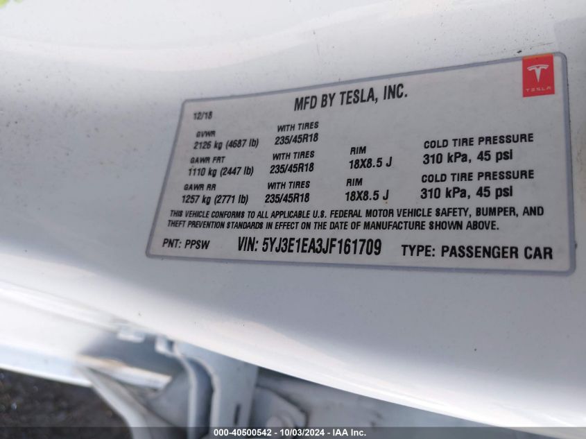 5YJ3E1EA3JF161709 2018 Tesla Model 3 Long Range/Mid Range