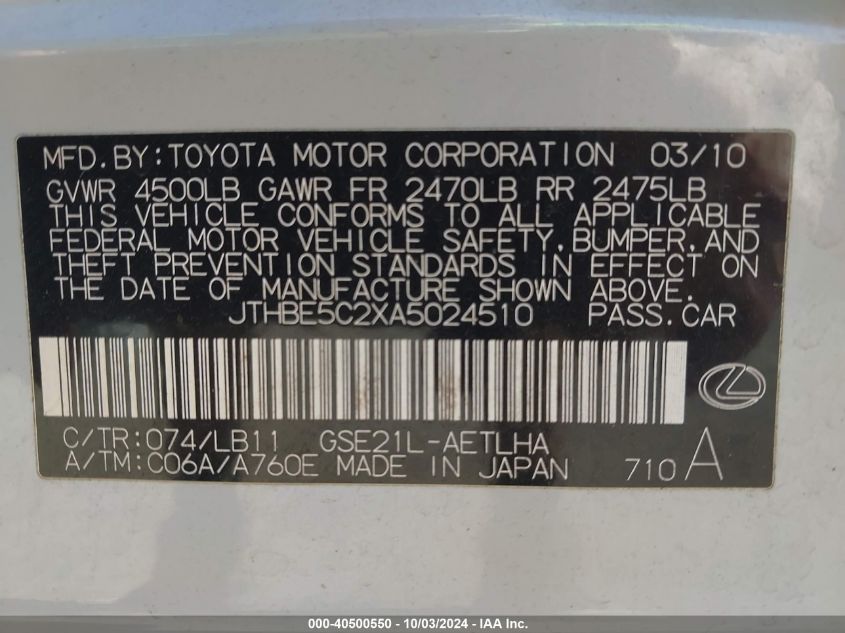 JTHBE5C2XA5024510 2010 Lexus Is 350