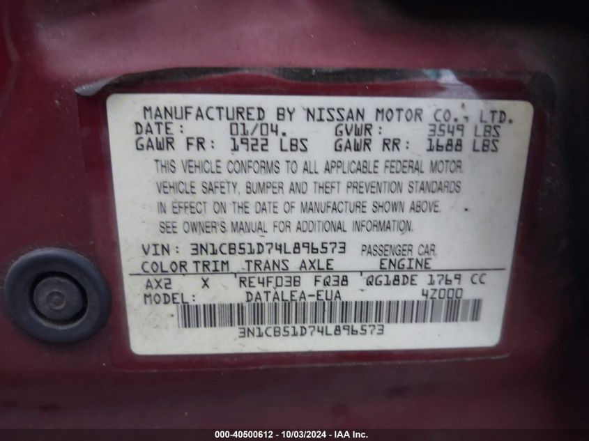 3N1CB51D74L896573 2004 Nissan Sentra 1.8S