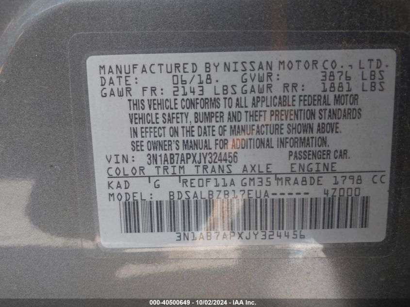 3N1AB7APXJY324456 2018 Nissan Sentra S