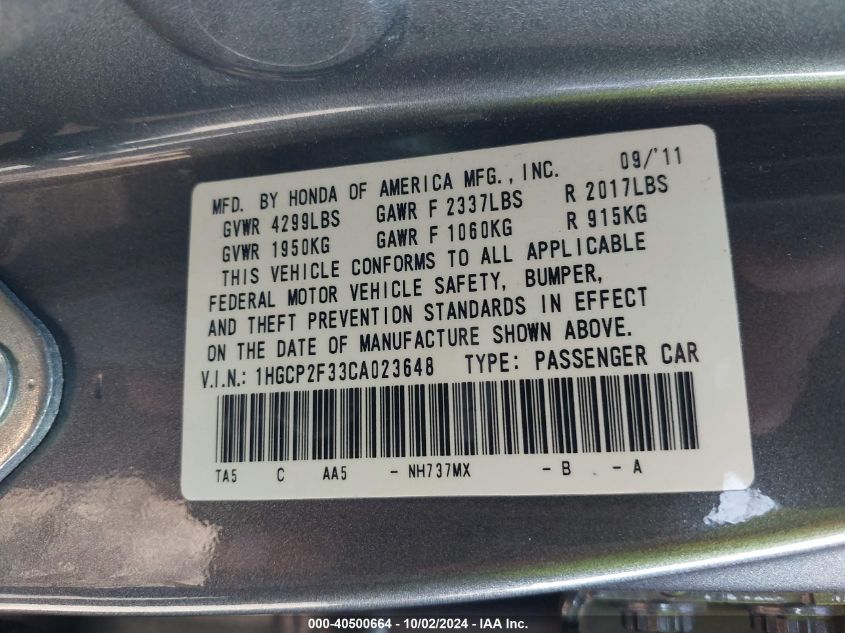 1HGCP2F33CA023648 2012 Honda Accord 2.4 Lx