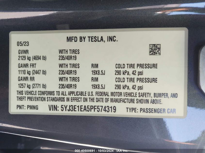 2023 Tesla Model 3 Rear-Wheel Drive VIN: 5YJ3E1EA5PF574319 Lot: 40500691