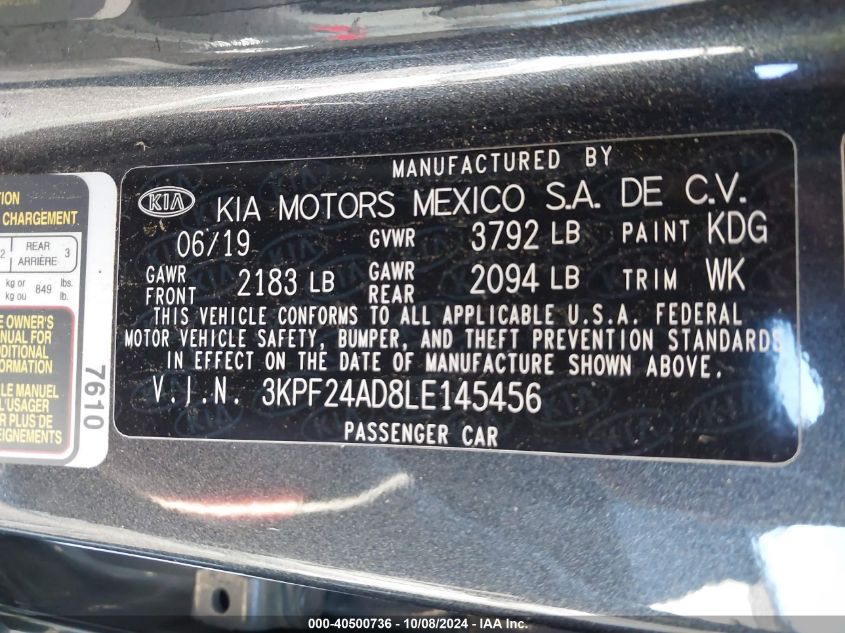 3KPF24AD8LE145456 2020 Kia Forte Fe/Lxs