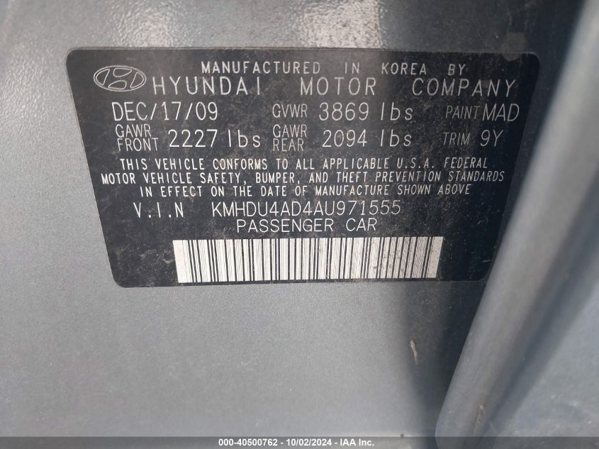 2010 Hyundai Elantra Gls VIN: KMHDU4AD4AU971555 Lot: 40500762