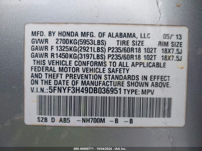 5FNYF3H49DB036951 2013 Honda Pilot Ex