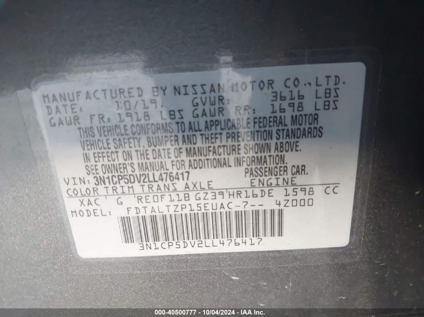 3N1CP5DV2LL476417 2020 Nissan Kicks Sr Xtronic Cvt