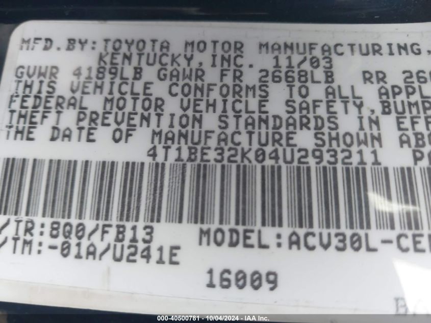 4T1BE32K04U293211 2004 Toyota Camry Le