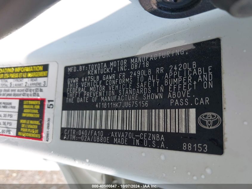 4T1B11HK7JU675156 2018 Toyota Camry Le