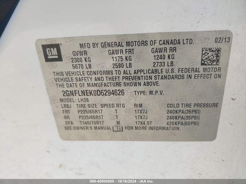 2013 Chevrolet Equinox 2Lt VIN: 2GNFLNEK0D6294626 Lot: 40500880