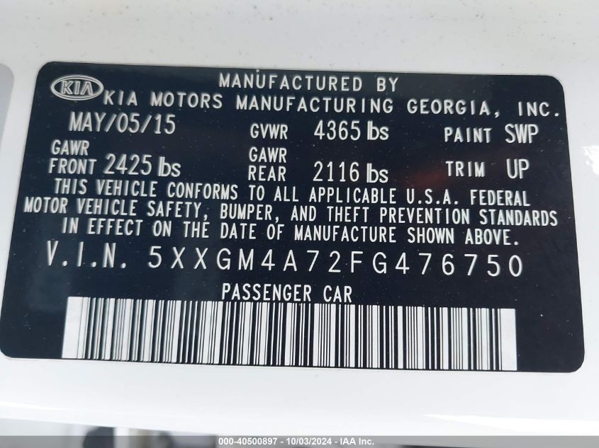 5XXGM4A72FG476750 2015 Kia Optima Lx