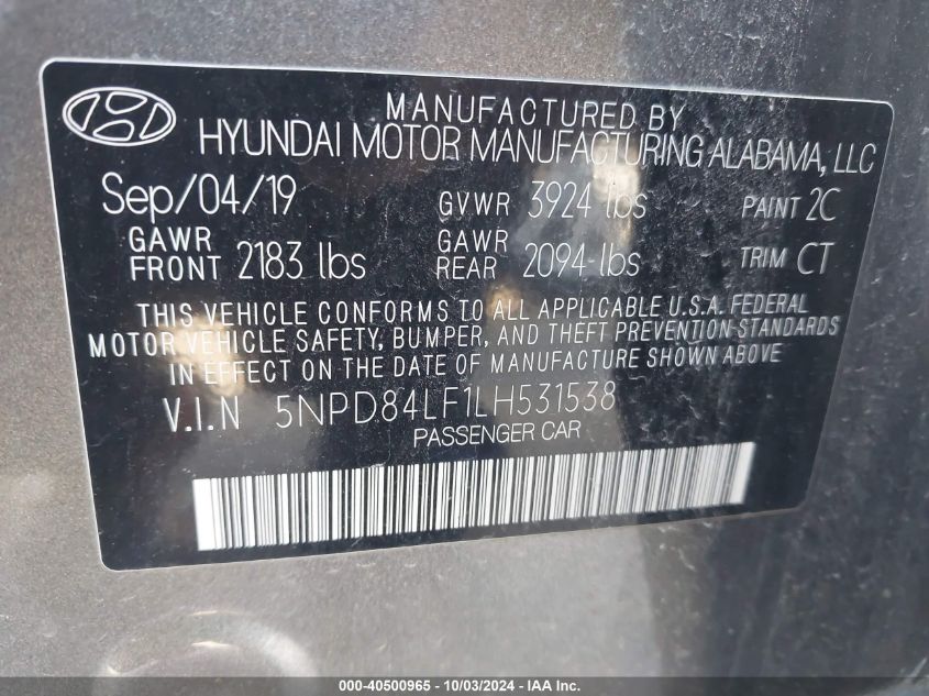 2020 Hyundai Elantra Value Edition VIN: 5NPD84LF1LH531538 Lot: 40500965