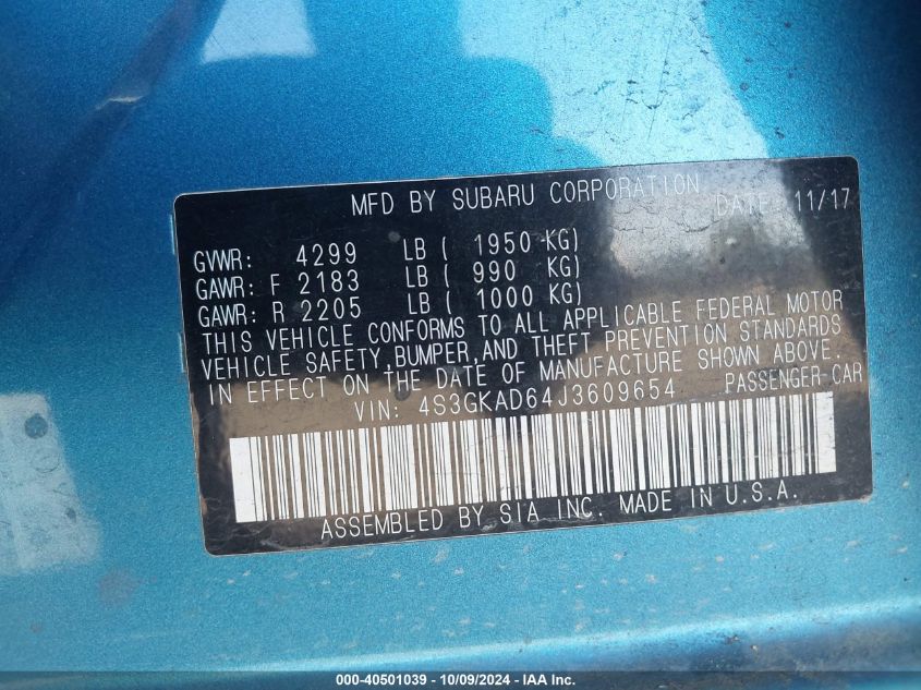 VIN 4S3GKAD64J3609654 2018 SUBARU IMPREZA 2.0I PREMIUM