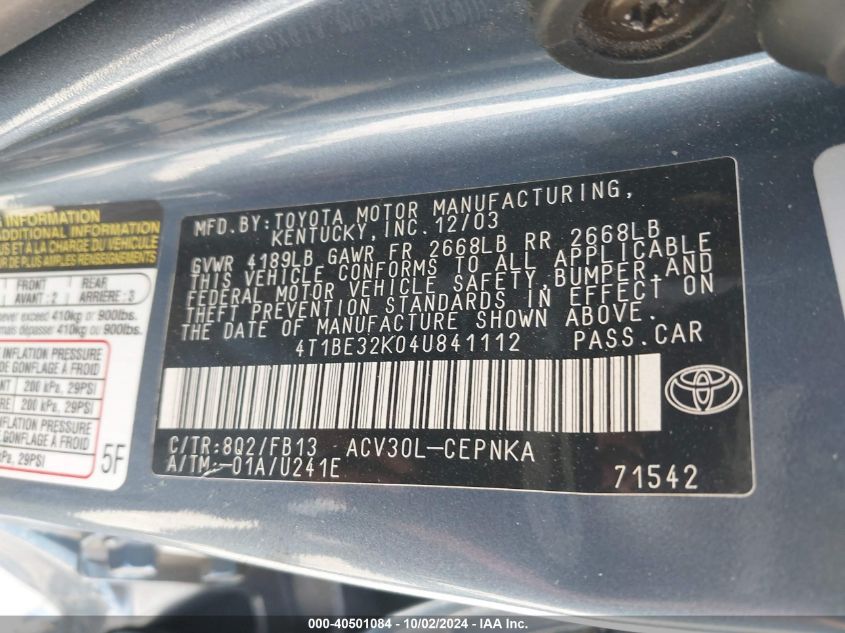 4T1BE32K04U841112 2004 Toyota Camry Le