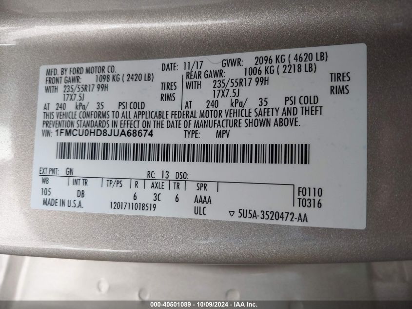 1FMCU0HD8JUA68674 2018 Ford Escape Sel