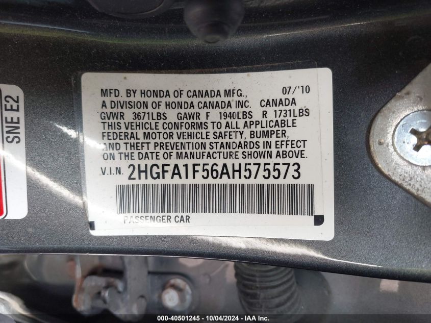 2HGFA1F56AH575573 2010 Honda Civic Lx