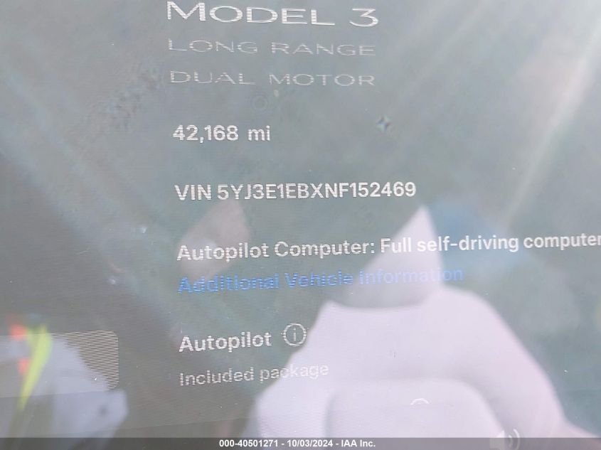 2022 Tesla Model 3 Long Range Dual Motor All-Wheel Drive VIN: 5YJ3E1EBXNF152469 Lot: 40501271