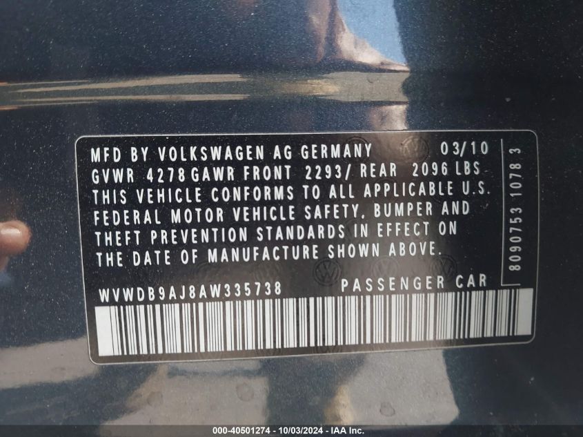 WVWDB9AJ8AW335738 2010 Volkswagen Golf 4-Door