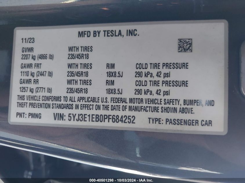 2023 Tesla Model 3 Long Range Dual Motor All-Wheel Drive VIN: 5YJ3E1EB0PF684252 Lot: 40501298