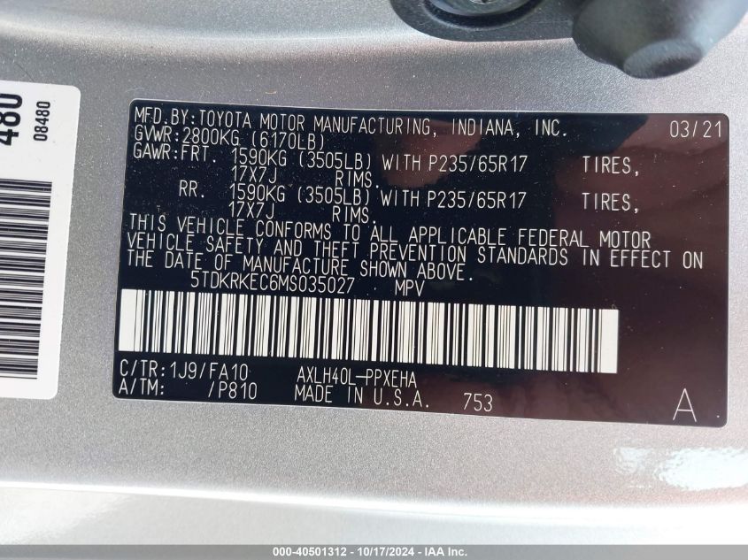 2021 Toyota Sienna Le VIN: 5TDKRKEC6MS035027 Lot: 40501312