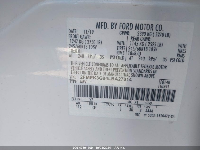 2FMPK3G94LBA27814 2020 Ford Edge Se