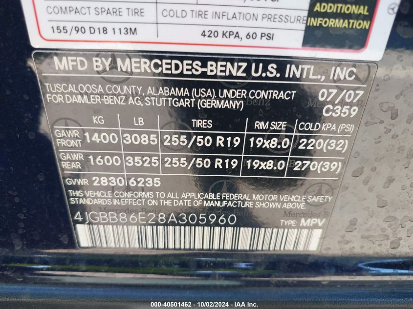 4JGBB86E28A305960 2008 Mercedes-Benz Ml 350 4Matic