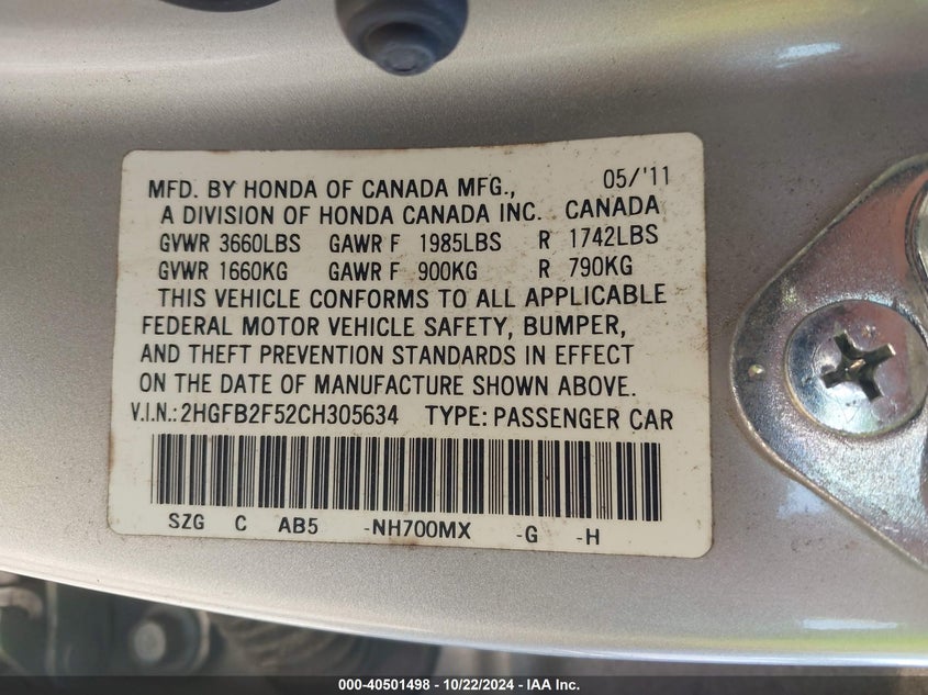 2012 Honda Civic Lx VIN: 2HGFB2F52CH305634 Lot: 40501498