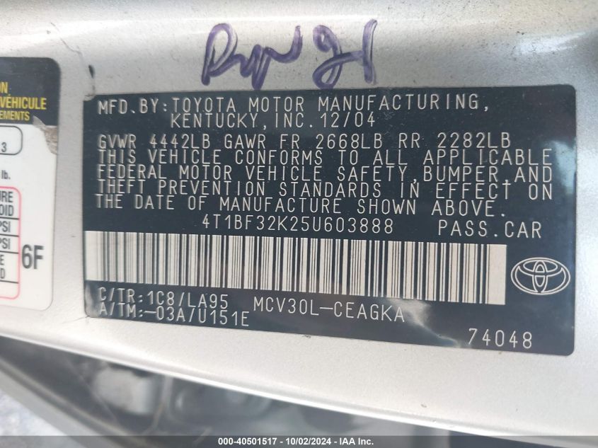 4T1BF32K25U603888 2005 Toyota Camry Xle V6