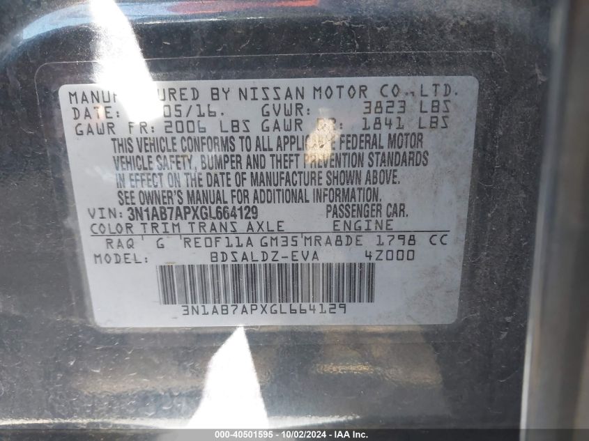 3N1AB7APXGL664129 2016 Nissan Sentra Sv