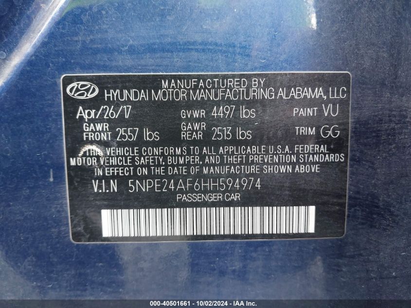 5NPE24AF6HH594974 2017 Hyundai Sonata Se