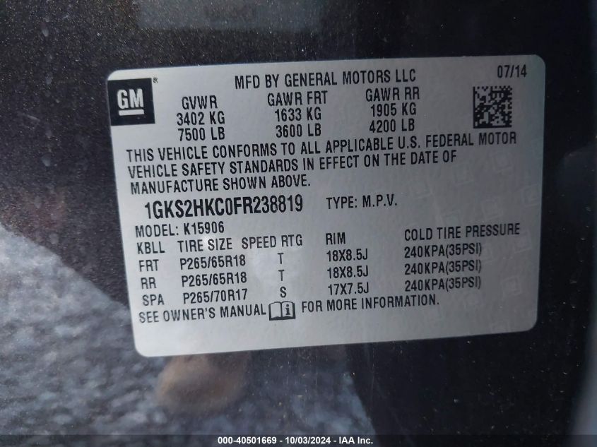 1GKS2HKC0FR238819 2015 GMC Yukon Xl 1500 Slt