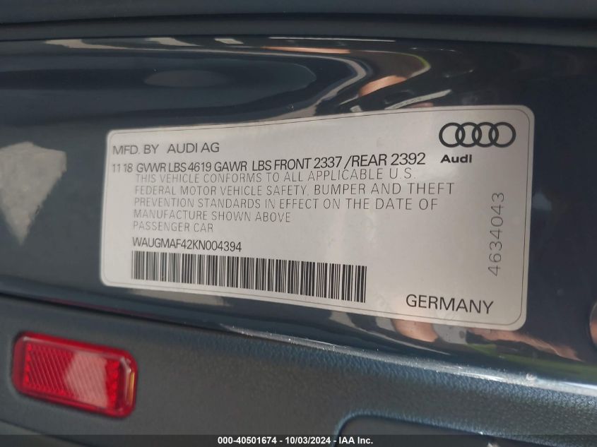 WAUGMAF42KN004394 2019 Audi A4 40 Premium/40 Titanium Premium