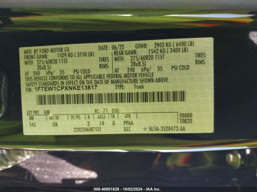 2022 Ford F-150 Xl VIN: 1FTEW1CPXNKE13817 Lot: 40501829