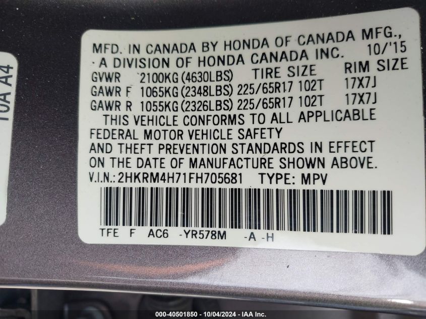 2HKRM4H71FH705681 2015 Honda Cr-V Ex-L