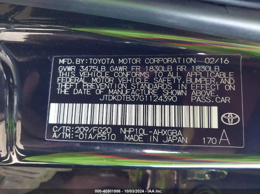 JTDKDTB37G1124390 2016 Toyota Prius C Three