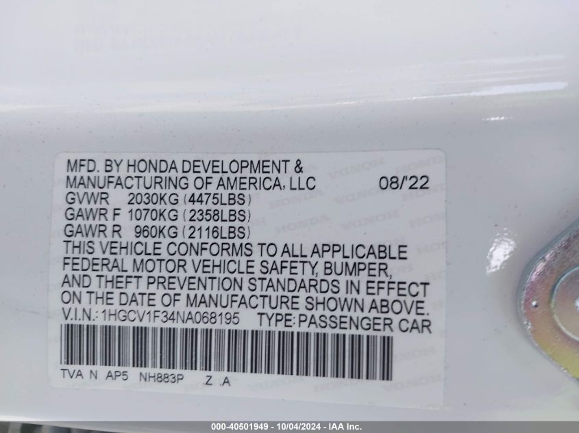 2022 Honda Accord Sport VIN: 1HGCV1F34NA068195 Lot: 40501949