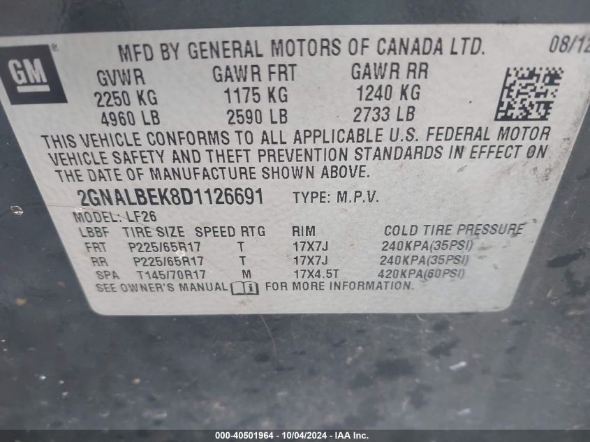 2GNALBEK8D1126691 2013 Chevrolet Equinox Ls