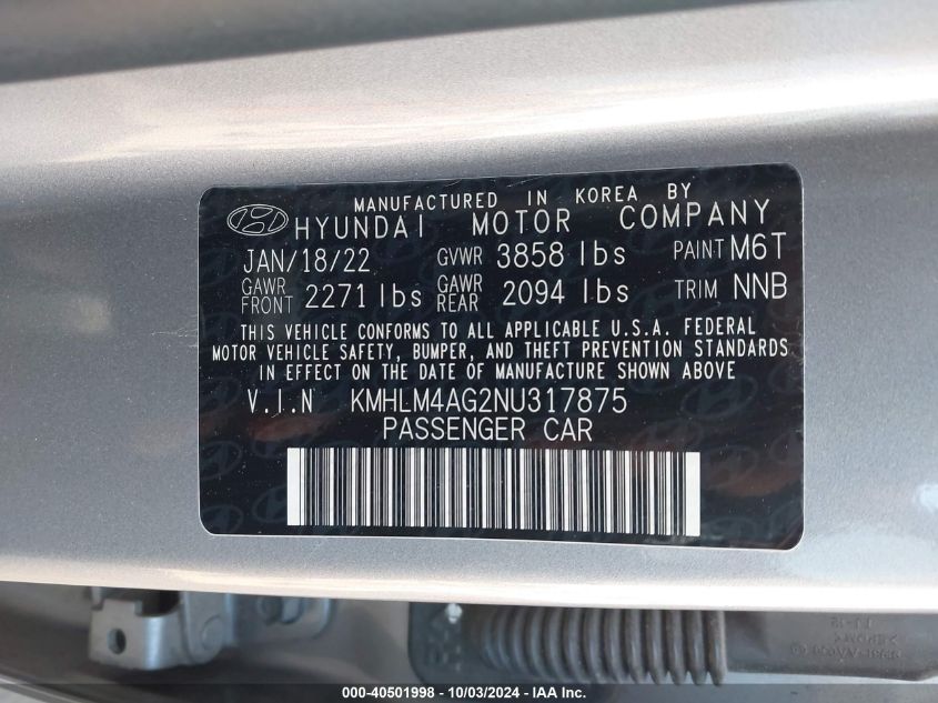 KMHLM4AG2NU317875 2022 Hyundai Elantra Sel