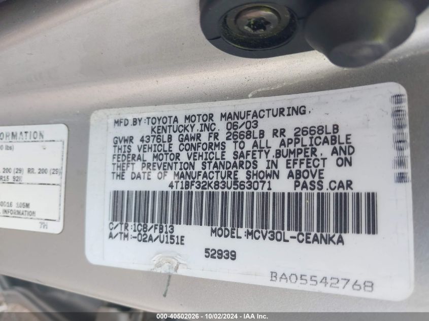 4T1BF32K83U563071 2003 Toyota Camry Le V6