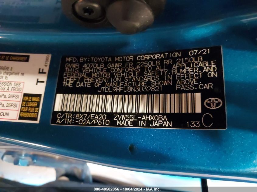 JTDL9MFU8N3032821 2022 Toyota Prius Xle Awd-E