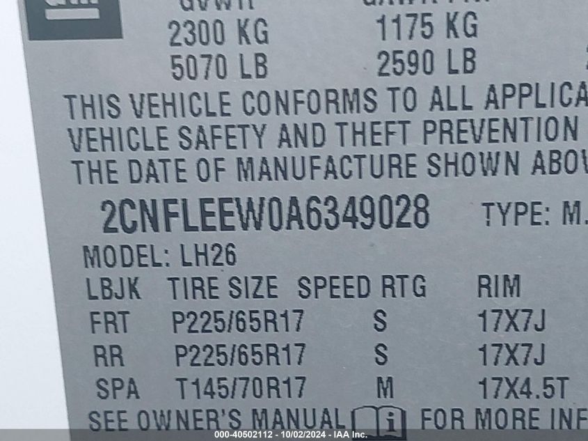 2CNFLEEW0A6349028 2010 Chevrolet Equinox Lt