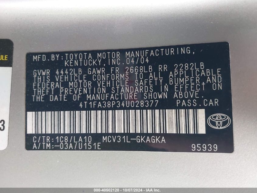 4T1FA38P34U028377 2004 Toyota Camry Solara Sle