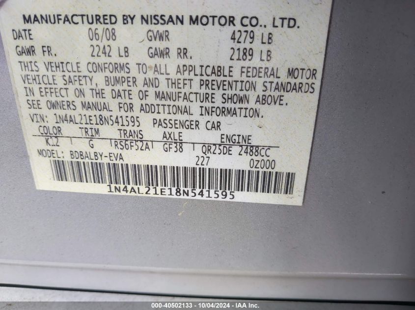 1N4AL21E18N541595 2008 Nissan Altima 2.5 S