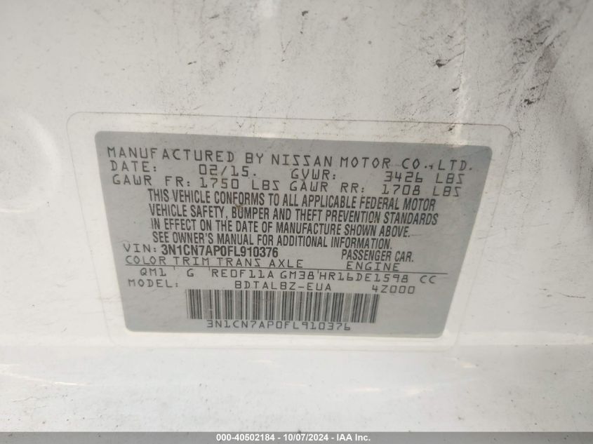 3N1CN7AP0FL910376 2015 Nissan Versa S/S Plus/Sv/Sl