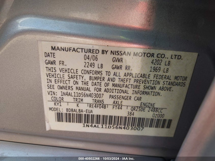 1N4AL11D56N403007 2006 Nissan Altima 2.5 S
