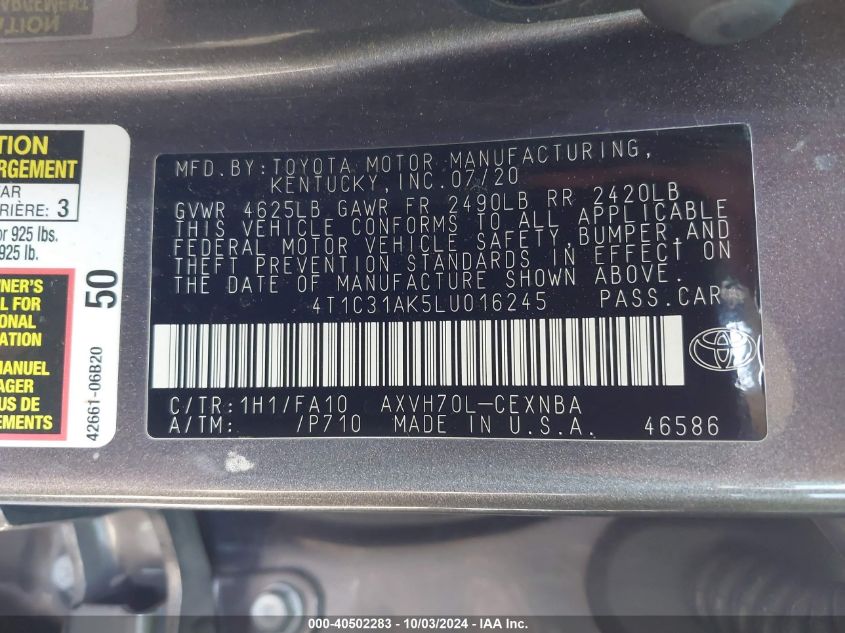 4T1C31AK5LU016245 2020 Toyota Camry Le Hybrid