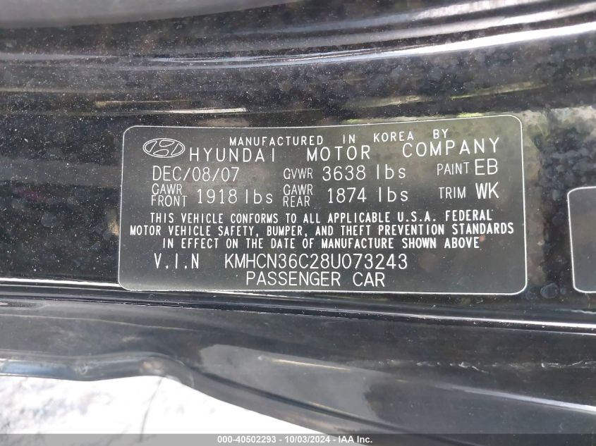 KMHCN36C28U073243 2008 Hyundai Accent Se